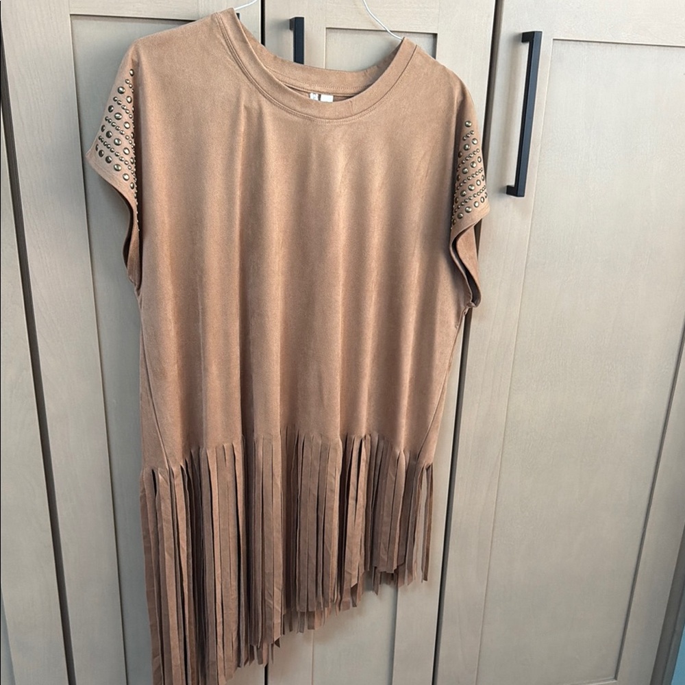 Fringe Suede-Look Tunic with Studded Sleeves